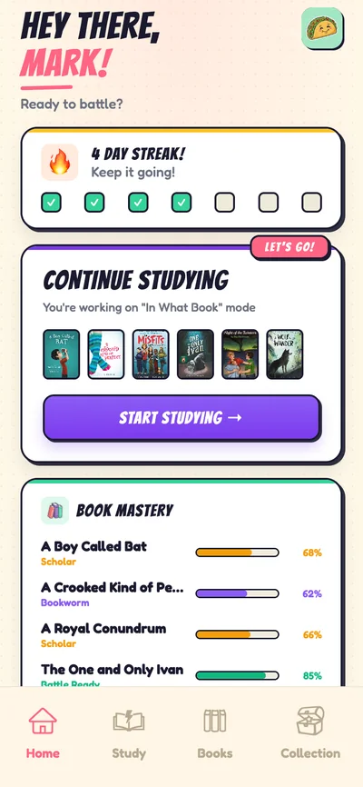 The BookBright home screen: a four-day streak, a Continue Studying card with book covers, and mastery levels for each book.